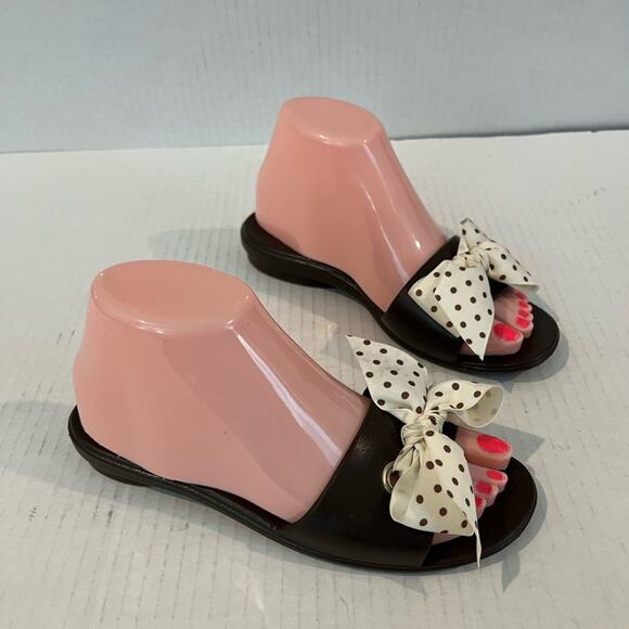 Oka B Okabashi Madison Brown Slides Cream Polkadot Bow FlipFlop Sandal M - Picture 2 of 11